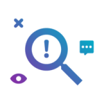 Stylised magnifying glass icon with an exclamation mark in the middle surrounding by a communication bubble a cross representing transparency