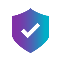 Gradient shield icon in shades of purple and teal, featuring a bold check mark, symbolizing security and trust.