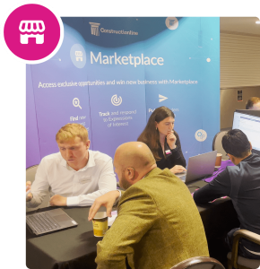 Marketplace live stand with people getting construction supply chain management advice