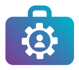A gradient blue and purple icon of a briefcase with a gear symbol and a person in the center, representing business and management.