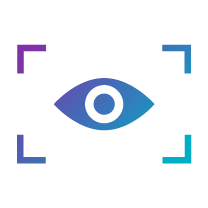 A stylized eye icon enclosed in a square frame, featuring gradient colours of blue and purple, symbolising vision or surveillance.