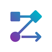 Abstract design featuring interconnected shapes, including squares and a circle, in gradient blue and purple, representing flow or movement.