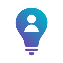 A stylized lightbulb icon in gradient blue and purple, featuring a person's silhouette at its center, symbolizing ideas and creativity.
