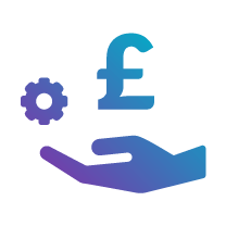 A stylized hand holding a gear and a pound symbol, representing financial services and support.