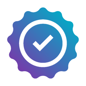 Icon of a stamp in gradient blue and purple, featuring a checkmark in the centre, symbolising approval or verification.