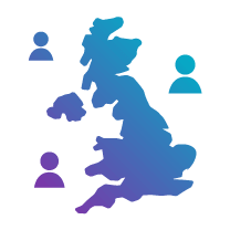 Icon of the UK with people dotted around to show the widespread locations of Marketplace Live