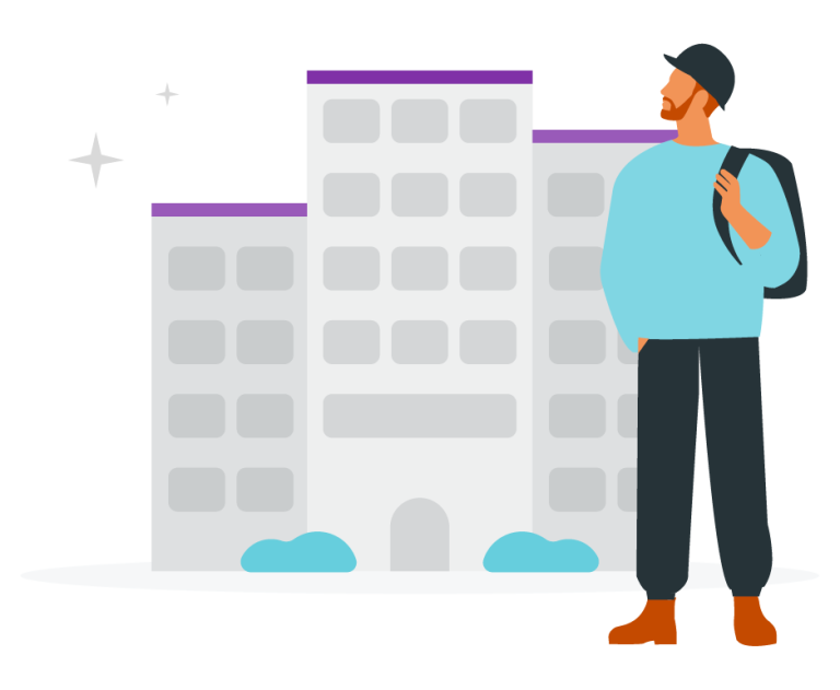 Flat illustration of a person with a backpack standing in front of a modern office building.