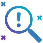Magnifying glass with an exclamation mark and red crosses around it icon