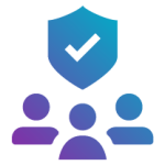 Trio of people silhouetted with a check mark shield above icon 