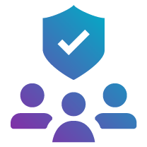 An icon depicting three people with a shield above them, featuring a check mark, representing safety and protection for individuals.