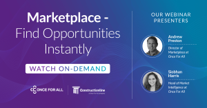 Webinar promotion for "Marketplace - Find Opportunities Instantly" by Once For All, featuring presenters Andrew Preston and Siobhan Harris.