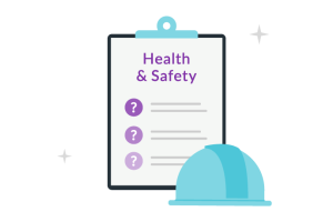 Icon of a construction hard hat sitting in front of an outline of a clipboard which reads health and safety and checklist items underneath