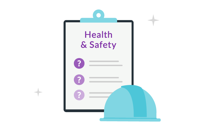 Icon of a construction hard hat sitting in front of an outline of a clipboard which reads health and safety and checklist items underneath