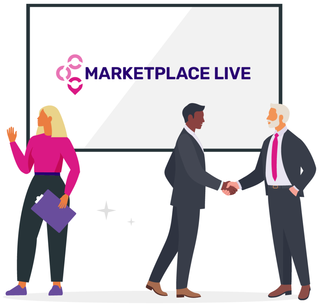 A woman with long blonde hair stands with a clipboard, while two men shake hands in front of a "Marketplace Live" banner.