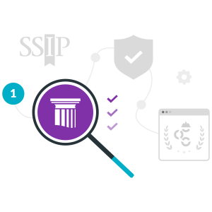Illustration of SSIP certification process showing a magnifying glass over a column icon, connected to a shield with checkmarks and a webpage with a safety emblem.