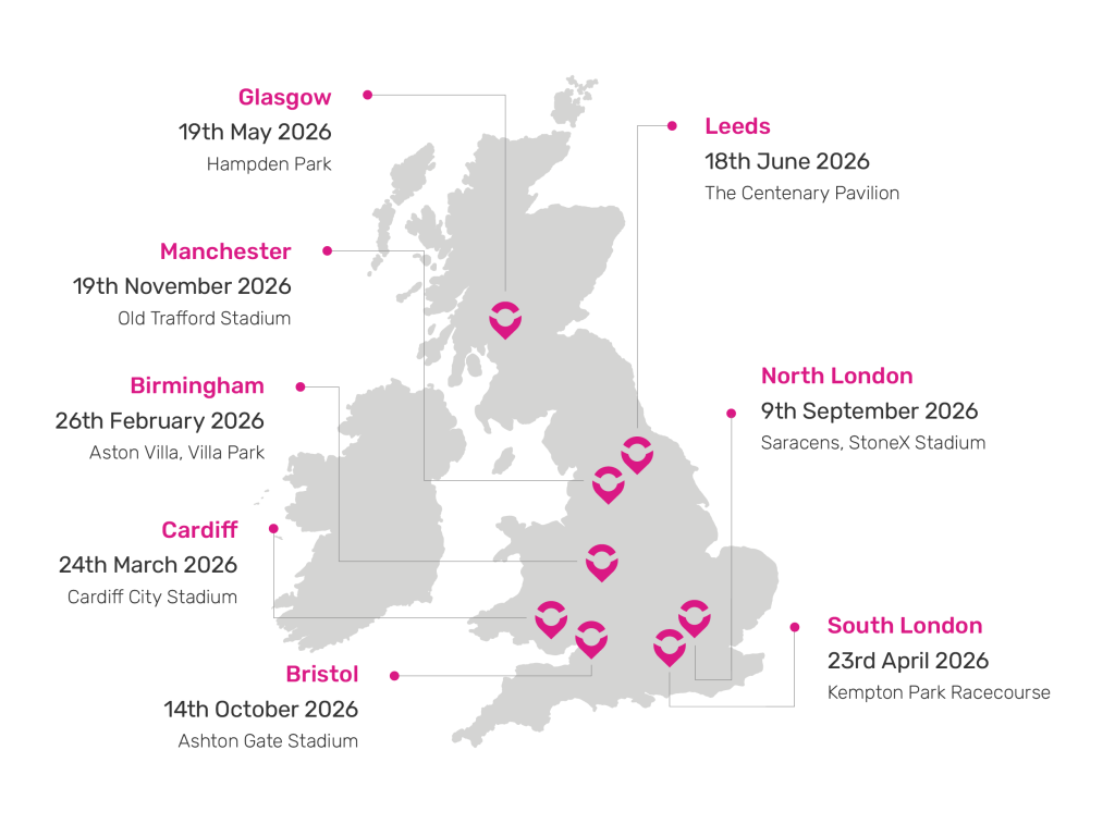 Map of the UK displaying event locations and dates: Glasgow, Manchester, Birmingham, Cardiff, Bristol, Leeds, North London, and South London.