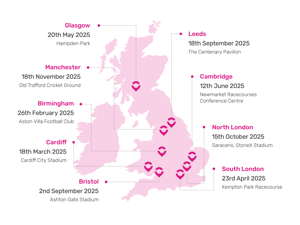 Map of the UK with locations marked for each of the Marketplace Live locations across the UK for 2025