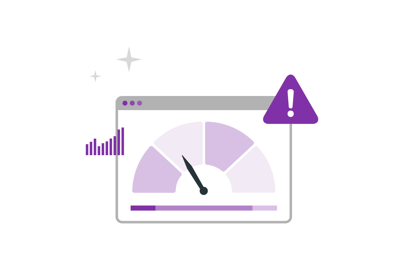 A computer screen displays a gauge and alert icon, indicating performance metrics with a purple colour scheme and data visualizations.
