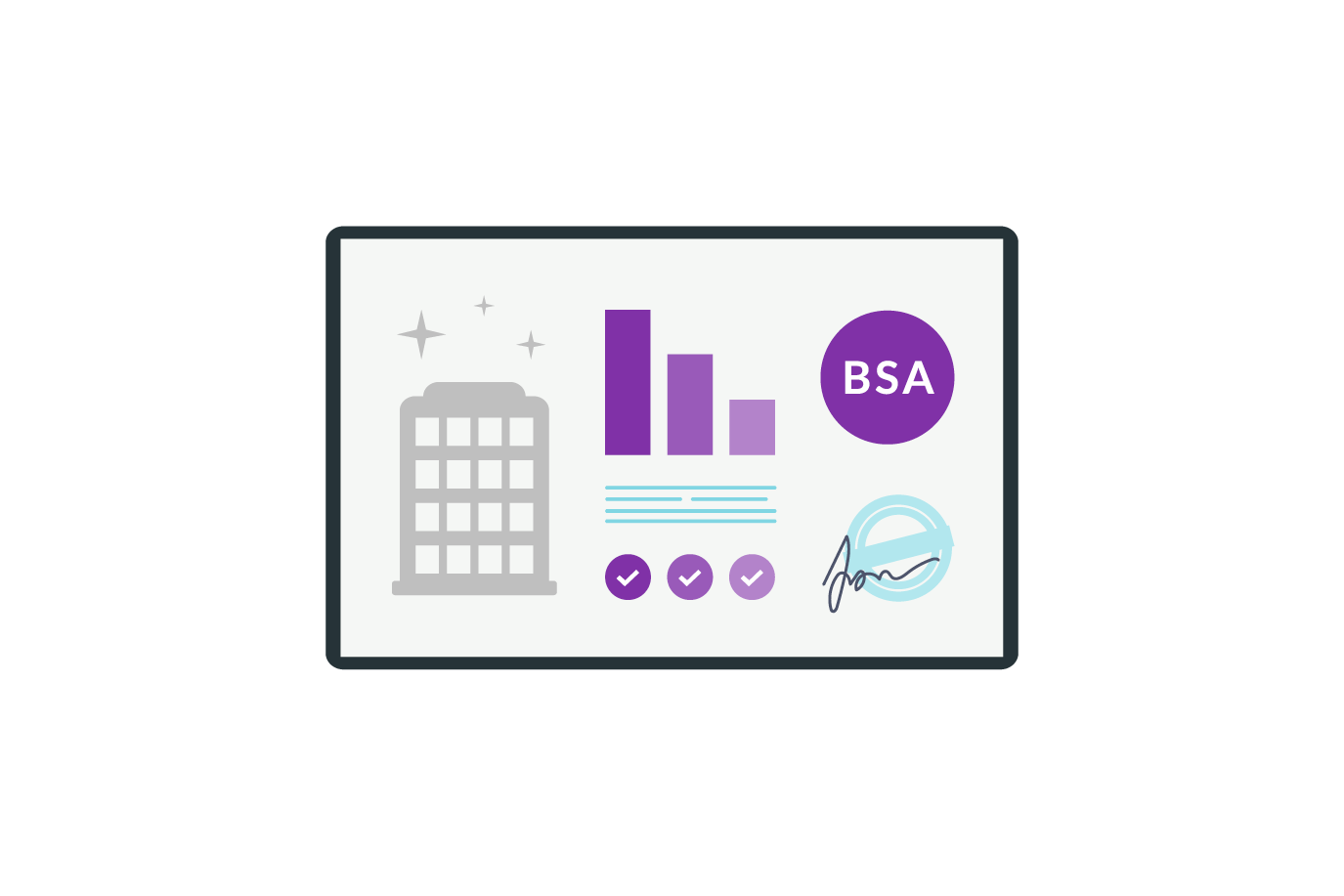 Graphic featuring a building, bar chart, BSA logo, checkmarks, and a signature, representing a business assessment or report.