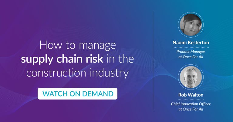 Blue/purple background image with headshots of Naomi Kesterton and Rob Walton with the webinar title 'How to manage supply chain risk in the construction industry' and a watch on demand call to action