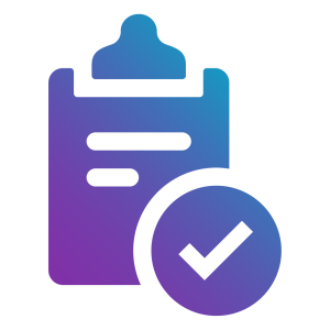An icon of a clipboard with check marks, representing task completion and organisation, featuring a gradient of blue to purple.