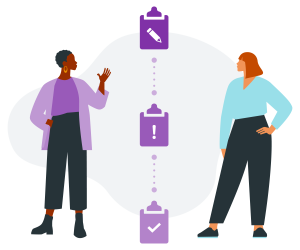 Two women engage in conversation, flanked by clipboards representing stages of a process: writing, alerts, and completion.