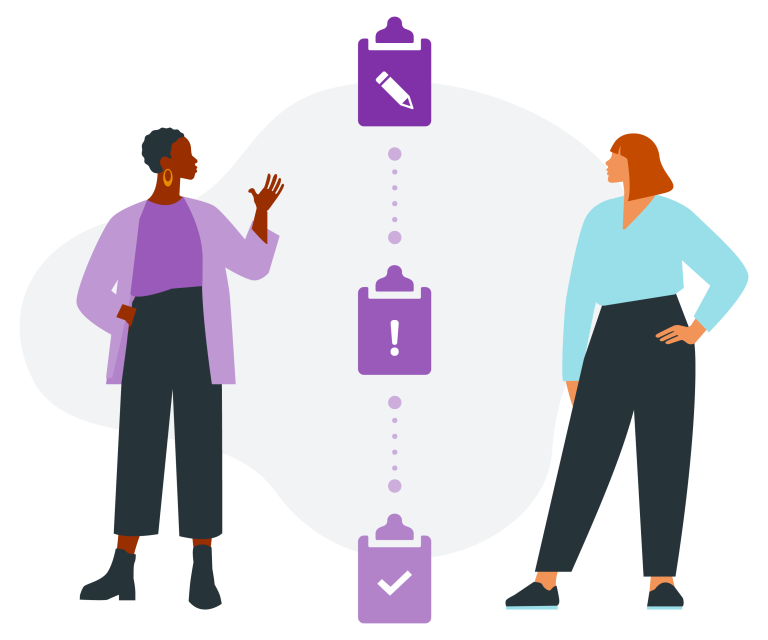 Two women engage in conversation, flanked by clipboards representing stages of a process: writing, alerts, and completion.