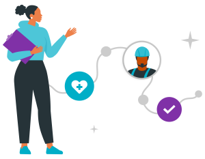 A woman in blue clothing holds a clipboard while gesturing, surrounded by icons representing health and progress toward a worker.