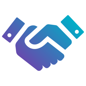 handshake icon in gradient shades of blue and purple, for partnership and collaboration.