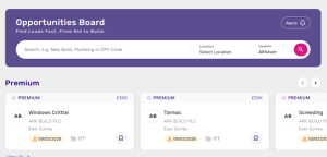 Opportunities Board interface displaying construction project listings with search options for locations and deadlines.