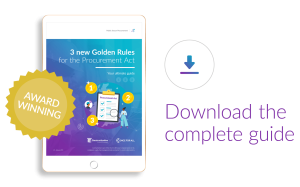 A digital tablet displays an award-winning guide titled "3 New Golden Rules for the Procurement Act" with a download button.