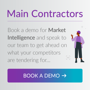A call to action button which reads "Book a Demo" button, promoting Market Intelligence for main contractors seeking competitive insights.