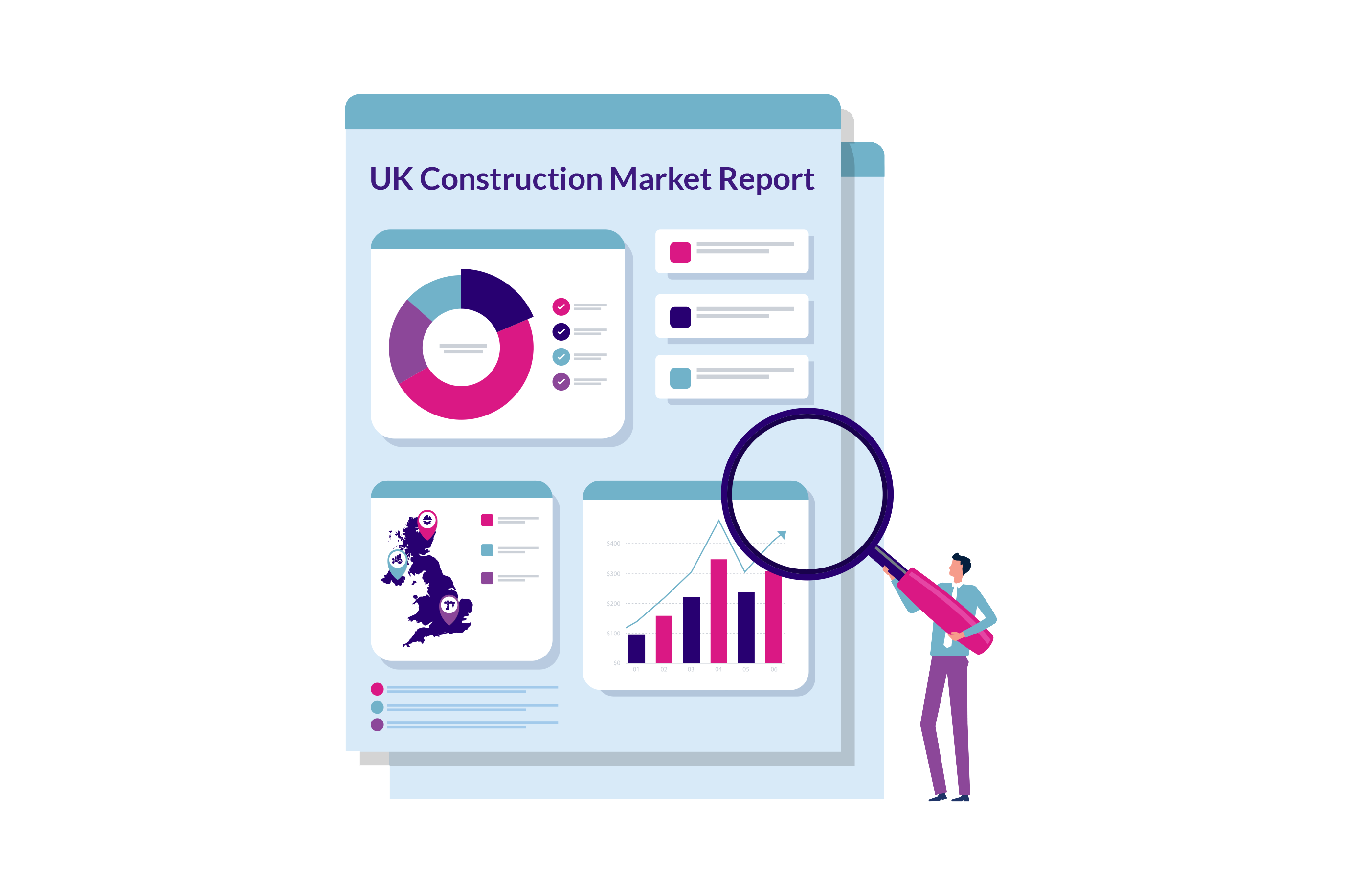 A person examines a UK Construction Market Report featuring graphs, charts, and maps, highlighting industry data and trends.