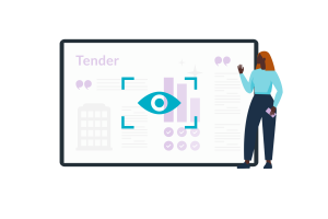 A woman stands beside a digital screen displaying data visualisations, highlighted text, and the word "Tender," gesturing towards the information.