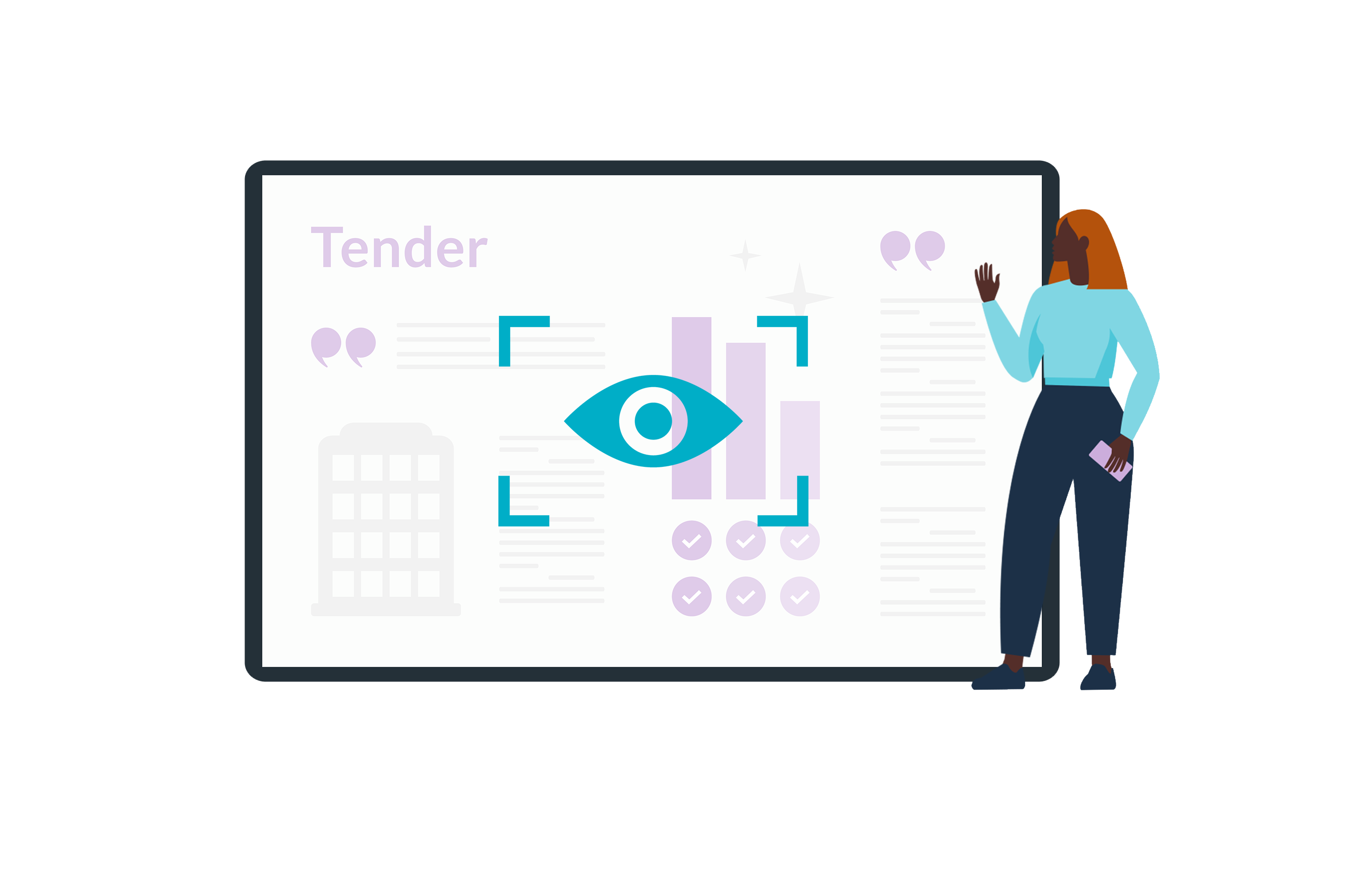 A woman stands beside a digital screen displaying data visualisations, highlighted text, and the word 