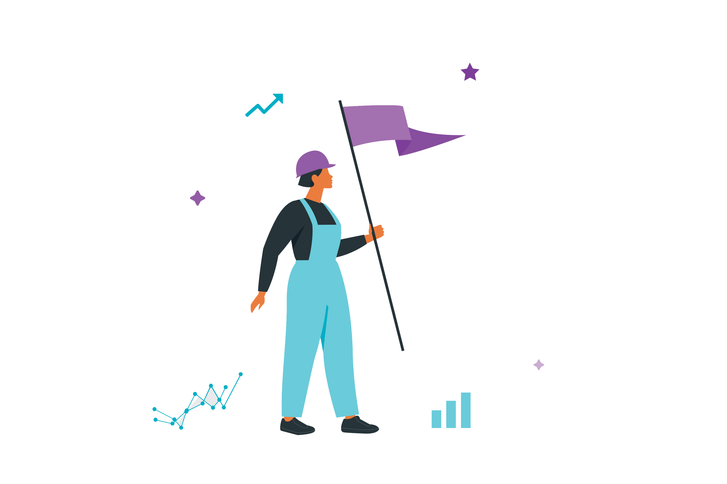 A person in overalls and a purple hard hat stands proudly holding a purple flag, surrounded by growth charts and decorative shapes.