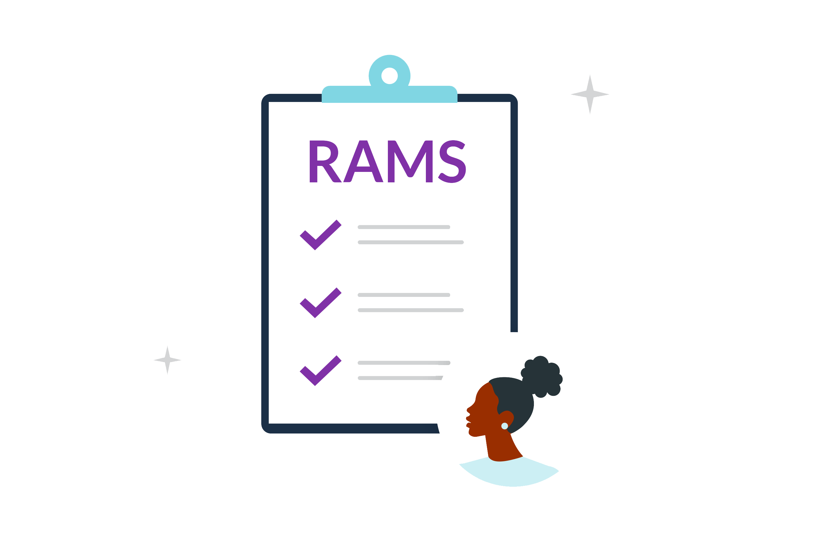 A woman sits in front of a clipboard titled 'RAMS'