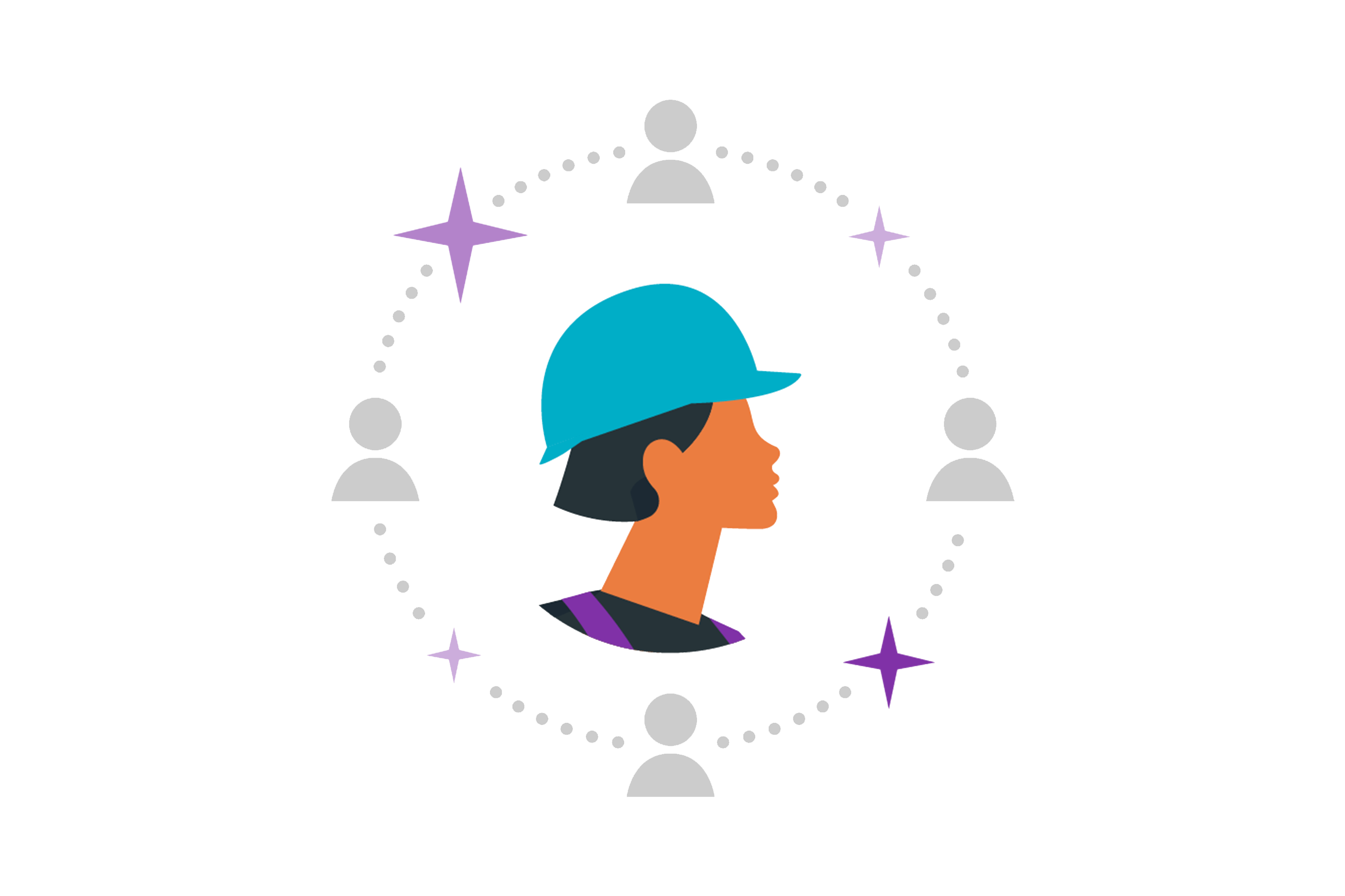An illustration of a construction worker's profile surrounded by icons of diverse people and stars, symbolizing community and collaboration.