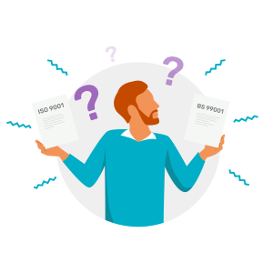 A man holds ISO 9001 and BS 99001 documents, looking confused amid question marks, illustrating uncertainty in quality standards.