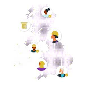 Illustration of the UK map highlighting diverse professionals with check marks, indicating active Constructionline gold memberships