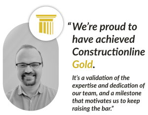 A quote highlights Spraybooth Technology Limited's pride in achieving Constructionline Gold, emphasising team expertise and motivation for excellence, alongside the constructionline logo.