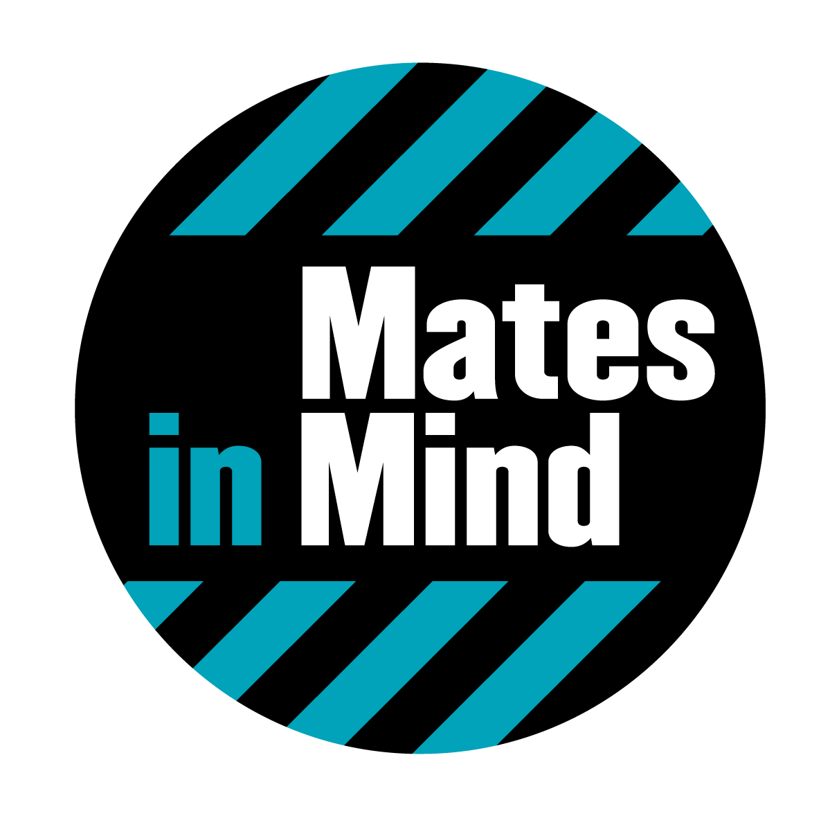 Logo of "Mates in Mind," featuring bold white text on a black circle with blue diagonal stripes, promoting mental health awareness.