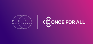 Logo of 2050 Materials and Once for All on a gradient purple background, featuring abstract designs and bold typography.