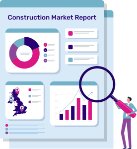 Illustration of a construction market report, featuring graphs, charts, and a magnifying glass held by a person analysing the data.