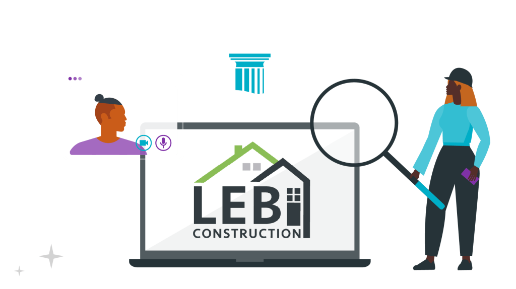 A woman holding a magnifying glass stands beside a laptop displaying a construction company logo and a video call interface.