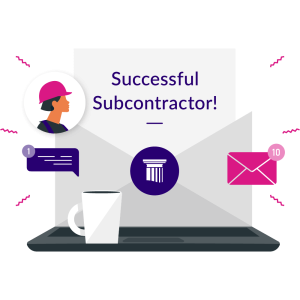 A laptop displays a message praising a successful subcontractor, with notifications and a coffee cup in view on the desk.