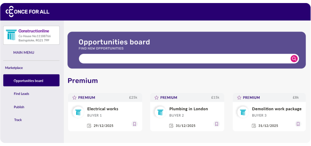 Screenshot of a digital opportunities board displaying premium construction projects with details like prices, buyers, and deadlines.