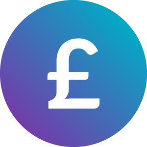 purple, blue circular icon with a white British pound symbol
