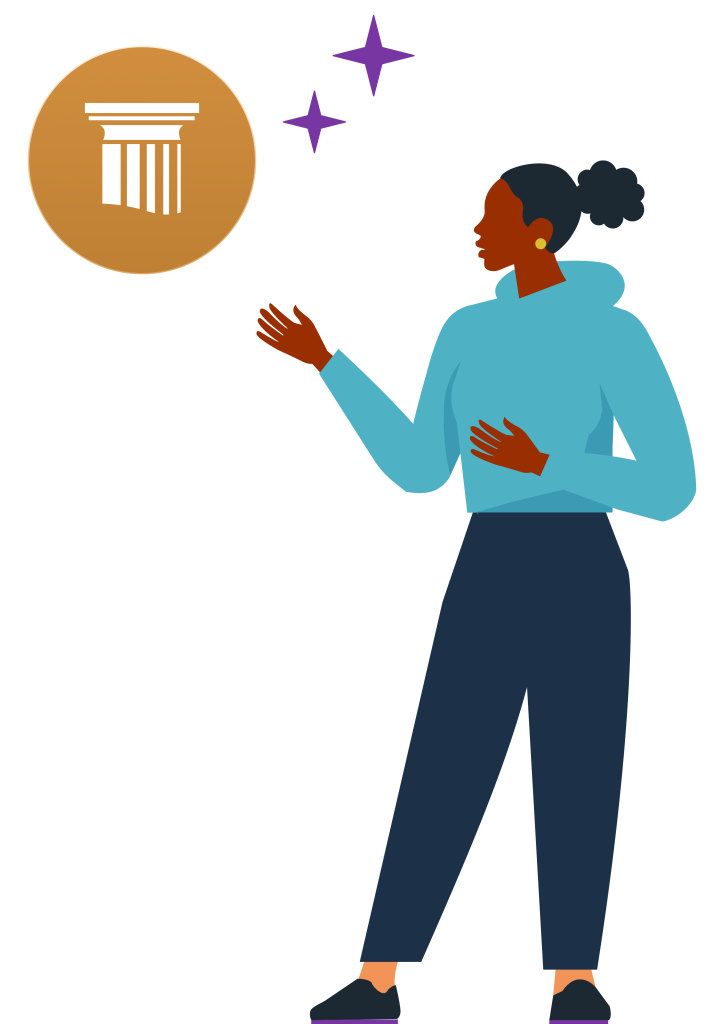 Illustration of a woman standing and gesturing toward a Constructionline Bronze logo, with decorative sparkles beside it