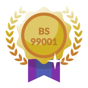 Gold medal badge with "BS 99001" in the center, surrounded by a laurel wreath and a purple ribbon, symbolising achievement.